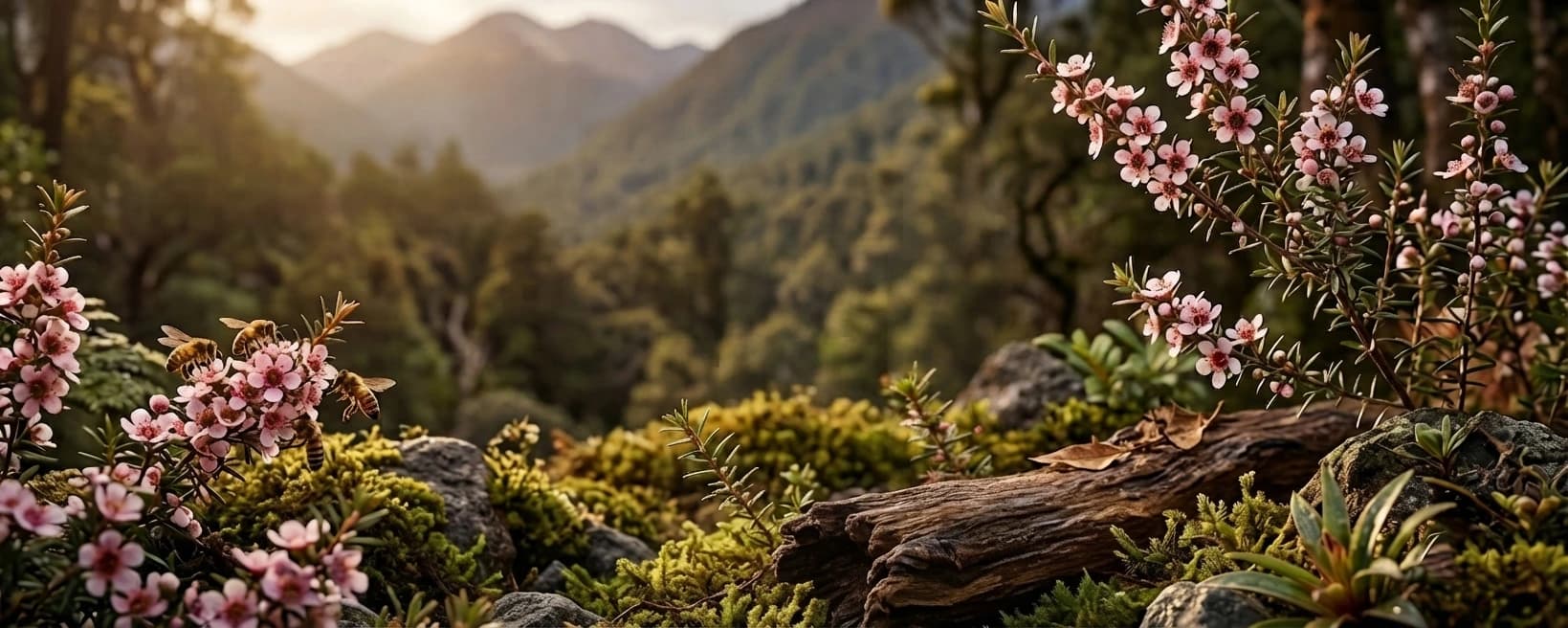 Manuka flowers and bees in a New Zealand mountain valley