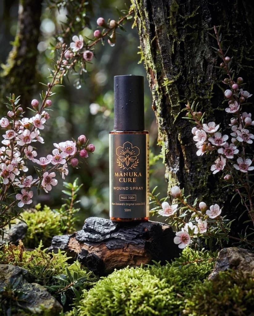 Mānuka Cure Wound Spray bottle among mānuka blossom in New Zealand bush