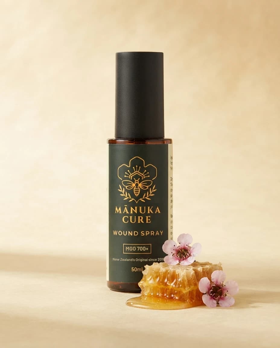 Mānuka Cure Wound Spray bottle with honeycomb and Mānuka blossom